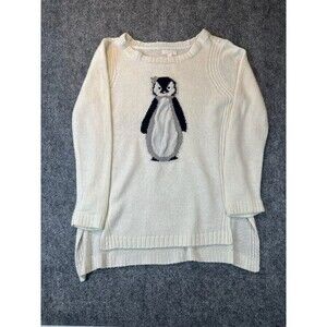 LC Lauren Conrad Penguin Sweater Womens L Ivory Holiday Novelty Rhinestone Crown